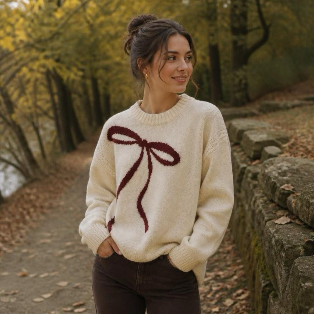 Y2K J.Crew MerinoWool Alpaca Blend Knit Sweater Women S Beige Bow Oversized Boho